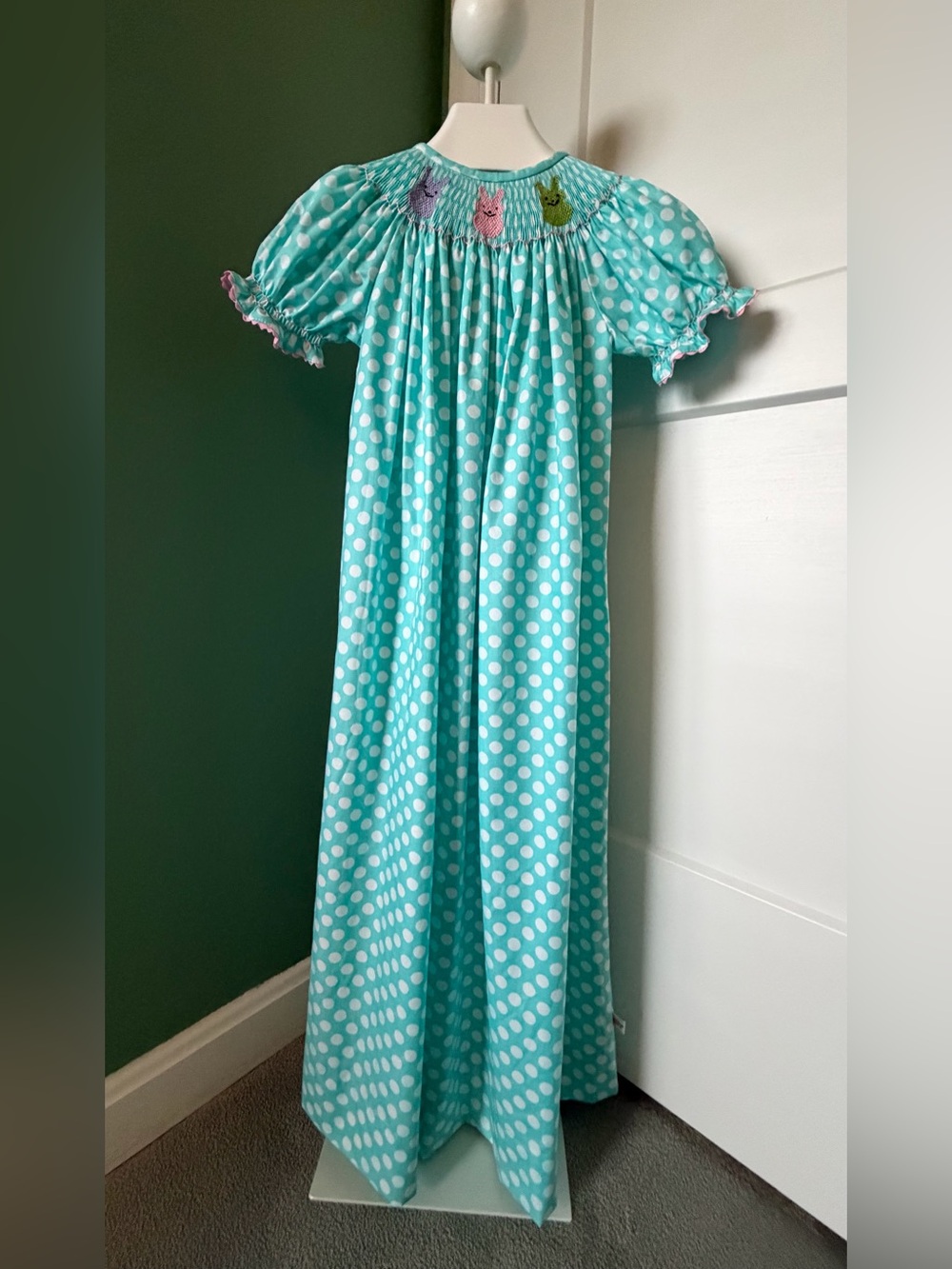 Lolly Wolly Doodle Aqua Blue Polka Dot Smocked Bishop Bunny Dress